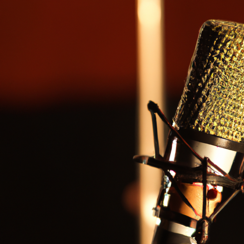 Microphone de studio à condensateur avec lumière chaude et bokeh, métal texturé en gros plan
